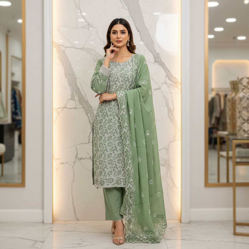 Shimmer Silk Pearl Work Ensemble: Embroidered Kameez, Chiffon Dupatta & Silk Trousers – Lavender, Dusty Mauve, Pastel Pink & Mint Green