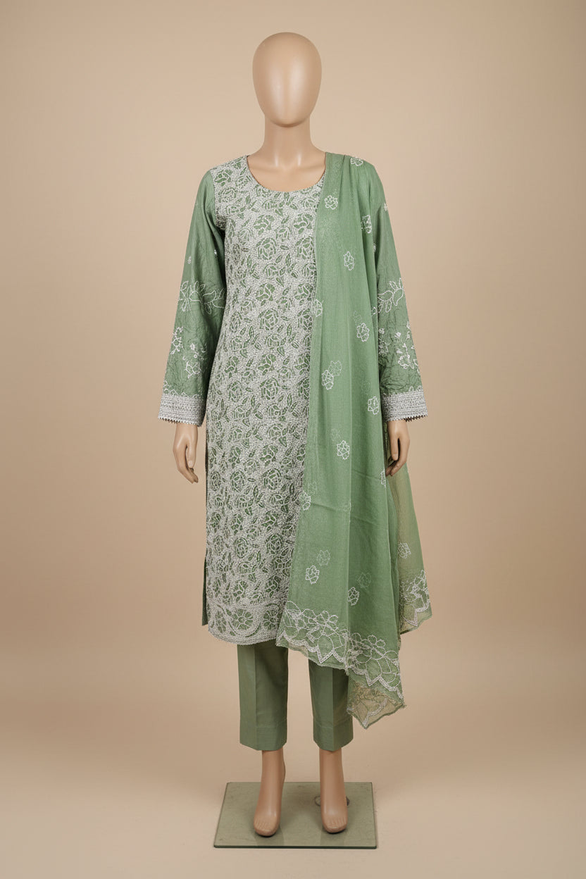 Shimmer Silk Pearl Work Ensemble: Embroidered Kameez, Chiffon Dupatta & Silk Trousers – Lavender, Dusty Mauve, Pastel Pink & Mint Green