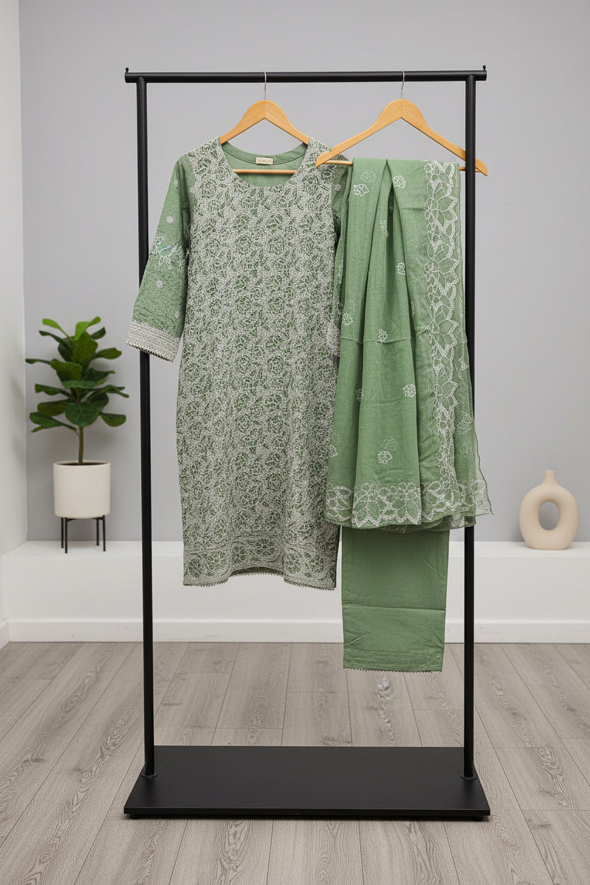Shimmer Silk Pearl Work Ensemble: Embroidered Kameez, Chiffon Dupatta & Silk Trousers – Lavender, Dusty Mauve, Pastel Pink & Mint Green