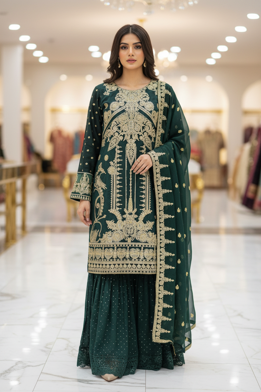 The Regal Stonework Ensemble: Heavy Zari & Stone Embroidered Shirt with Palazzo & Motif Dupatta – Deep Dusty Plum, Slate Grey, Mustard Yellow, Emerald Green, Dark Teal Blue & Lilac