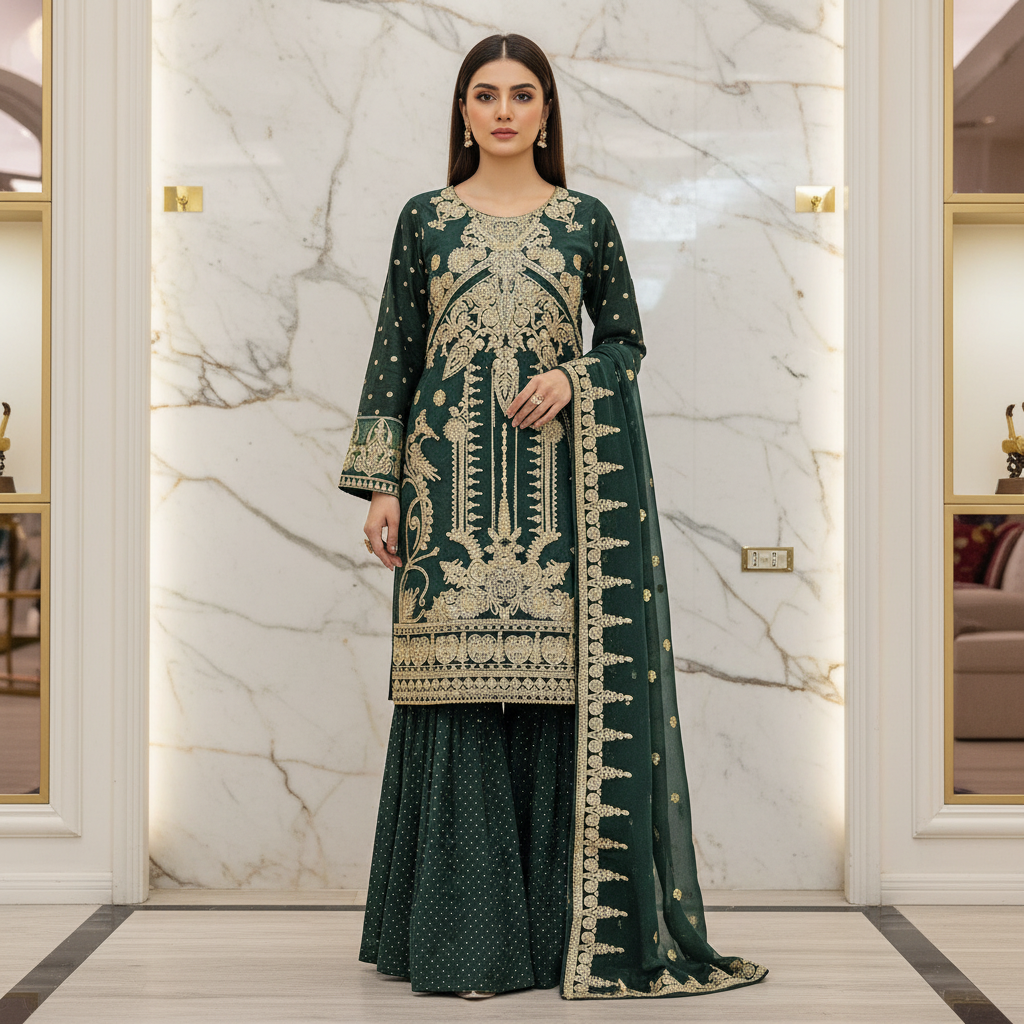 The Regal Stonework Ensemble: Heavy Zari & Stone Embroidered Shirt with Palazzo & Motif Dupatta – Deep Dusty Plum, Slate Grey, Mustard Yellow, Emerald Green, Dark Teal Blue & Lilac