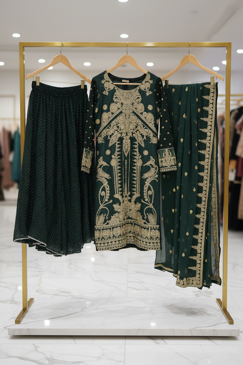 The Regal Stonework Ensemble: Heavy Zari & Stone Embroidered Shirt with Palazzo & Motif Dupatta – Deep Dusty Plum, Slate Grey, Mustard Yellow, Emerald Green, Dark Teal Blue & Lilac