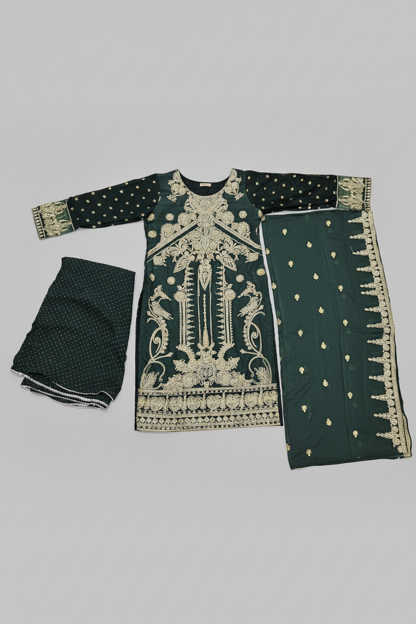 The Regal Stonework Ensemble: Heavy Zari & Stone Embroidered Shirt with Palazzo & Motif Dupatta – Deep Dusty Plum, Slate Grey, Mustard Yellow, Emerald Green, Dark Teal Blue & Lilac