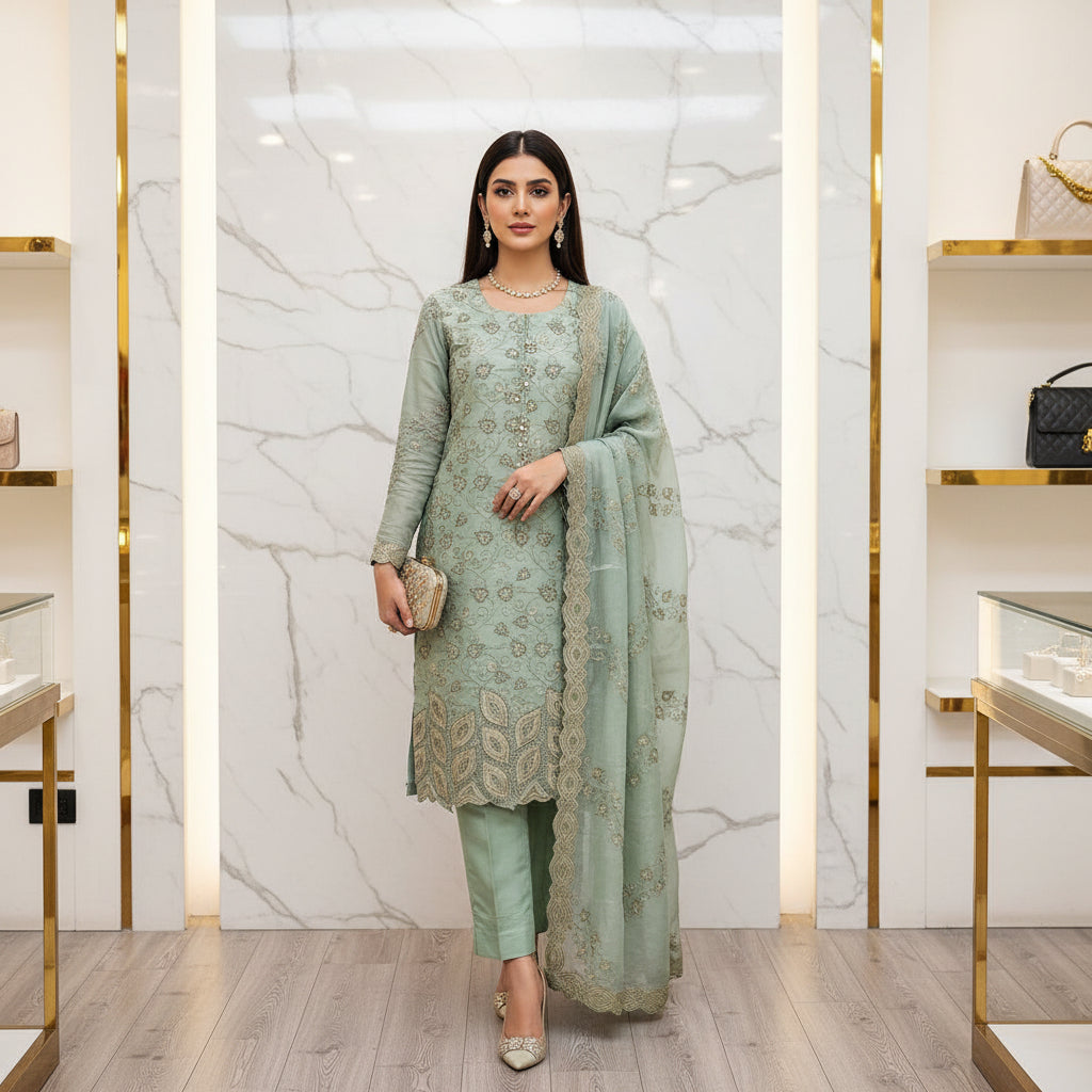 Ethereal Beads and Pearl Shalwar Kameez | Shimmer Silk with Cutwork Details in Egyptian Teal, Black and Pink Lemonade