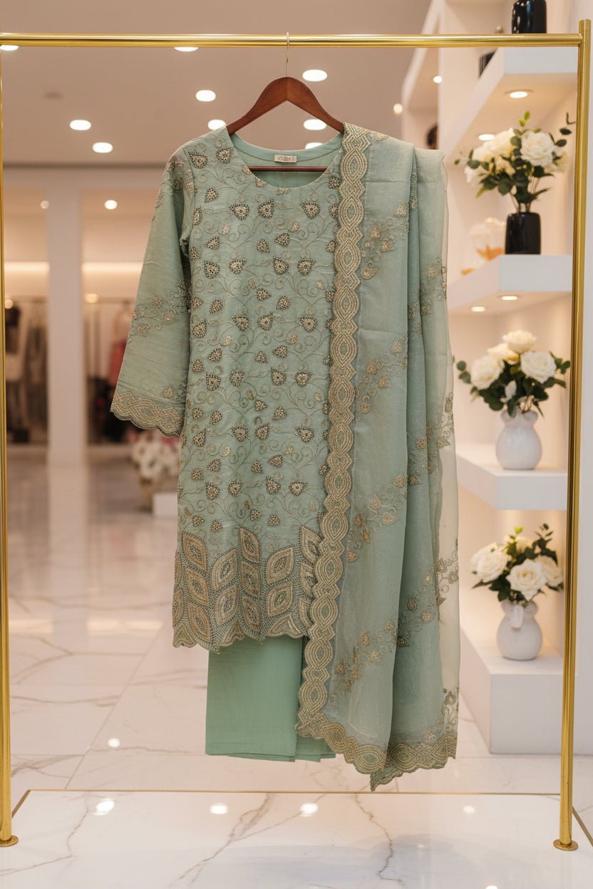 Ethereal Beads and Pearl Shalwar Kameez | Shimmer Silk with Cutwork Details in Egyptian Teal, Black and Pink Lemonade