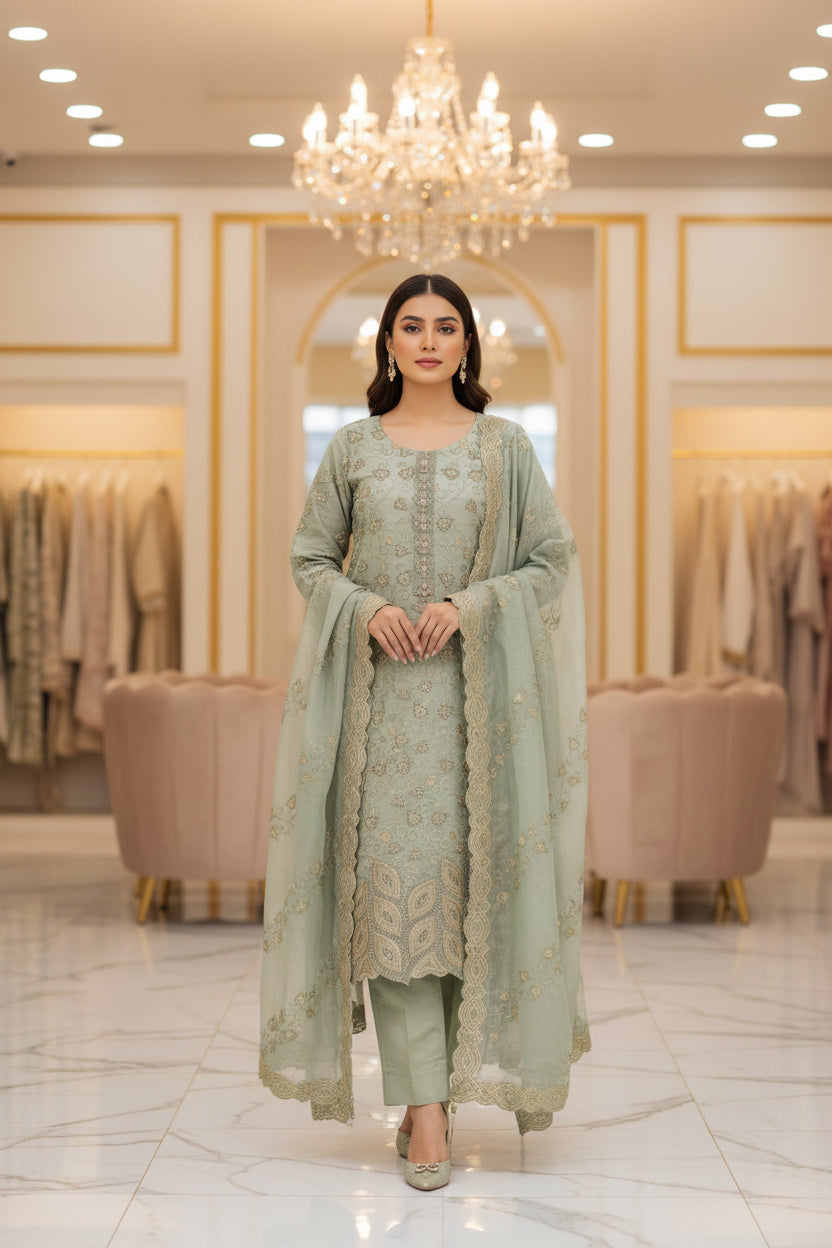 Ethereal Beads and Pearl Shalwar Kameez | Shimmer Silk with Cutwork Details in Egyptian Teal, Black and Pink Lemonade