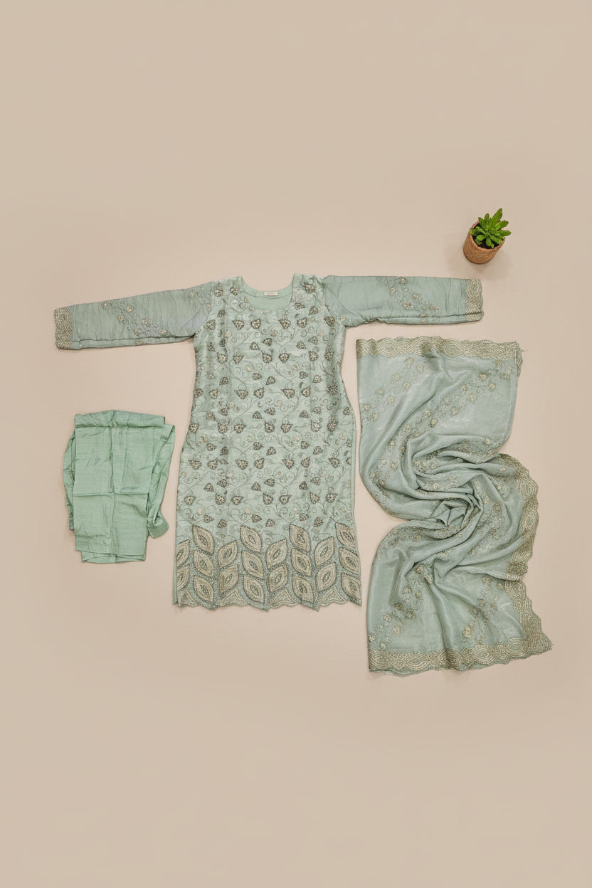 Ethereal Beads and Pearl Shalwar Kameez | Shimmer Silk with Cutwork Details in Egyptian Teal, Black and Pink Lemonade