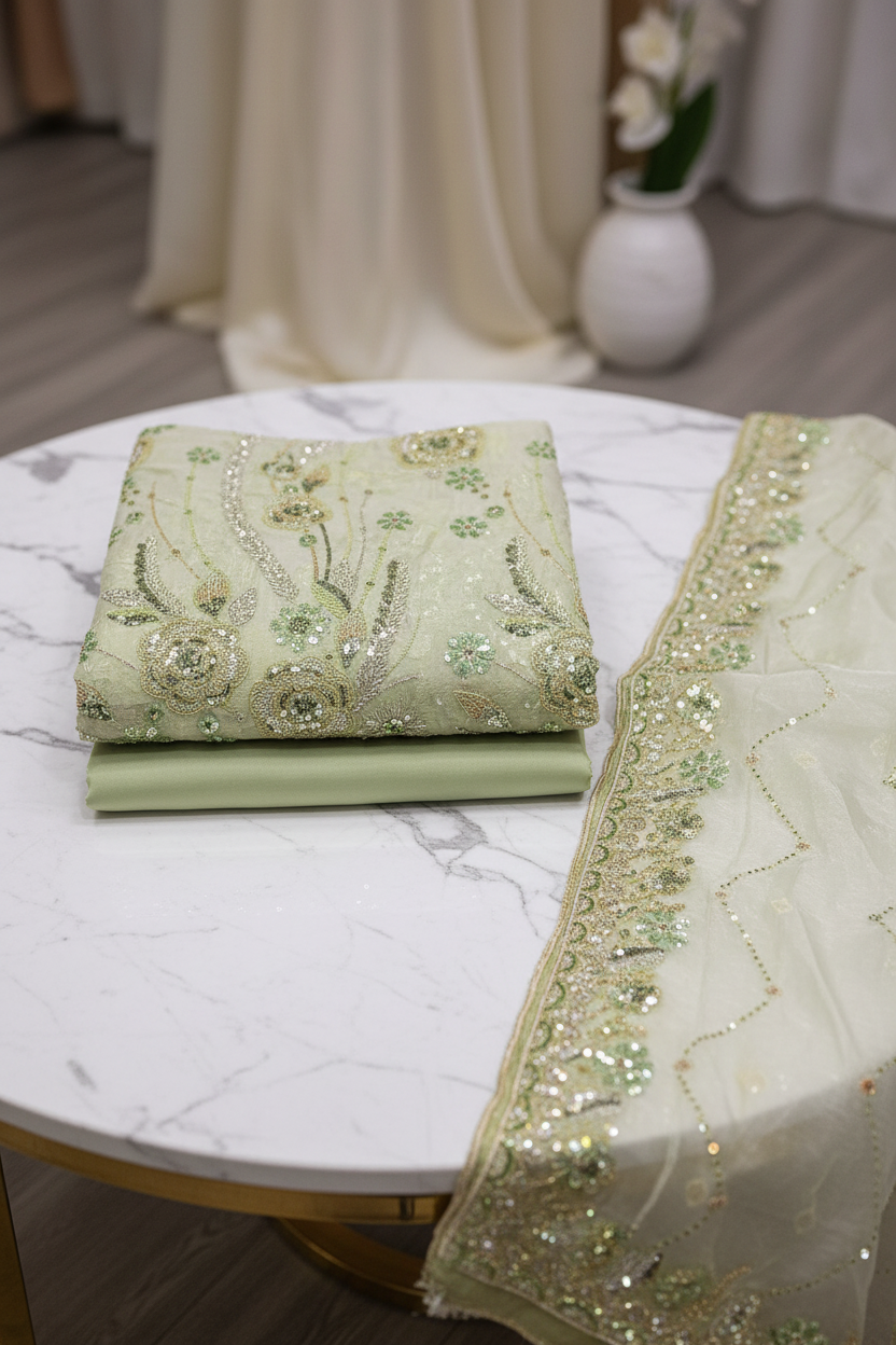 Luxury Shimmer Silk Unstitched Suit – Hand Embellished Pearls, Crystals & Stone Work | Pure Silk Dupatta | 7 Colours