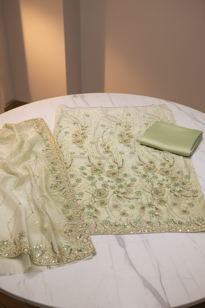 Luxury Shimmer Silk Unstitched Suit – Hand Embellished Pearls, Crystals & Stone Work | Pure Silk Dupatta | 7 Colours