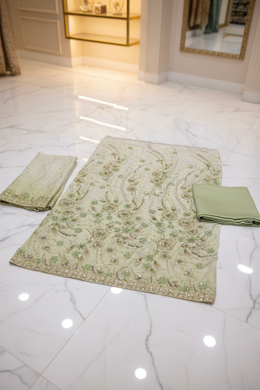 Luxury Shimmer Silk Unstitched Suit – Hand Embellished Pearls, Crystals & Stone Work | Pure Silk Dupatta | 7 Colours