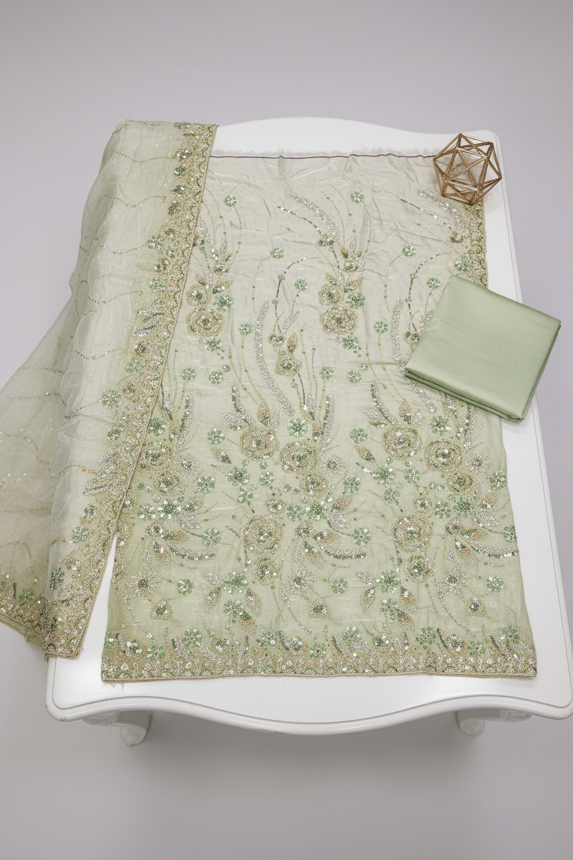 Luxury Shimmer Silk Unstitched Suit – Hand Embellished Pearls, Crystals & Stone Work | Pure Silk Dupatta | 7 Colours