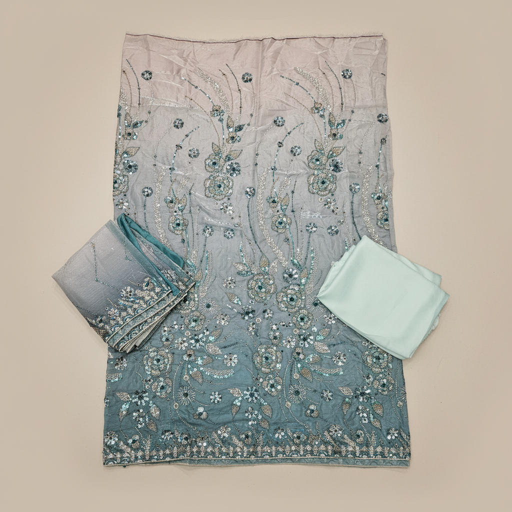 Luxury Shimmer Silk Unstitched Suit – Hand Embellished Pearls, Crystals & Stone Work | Pure Silk Dupatta | 7 Colours