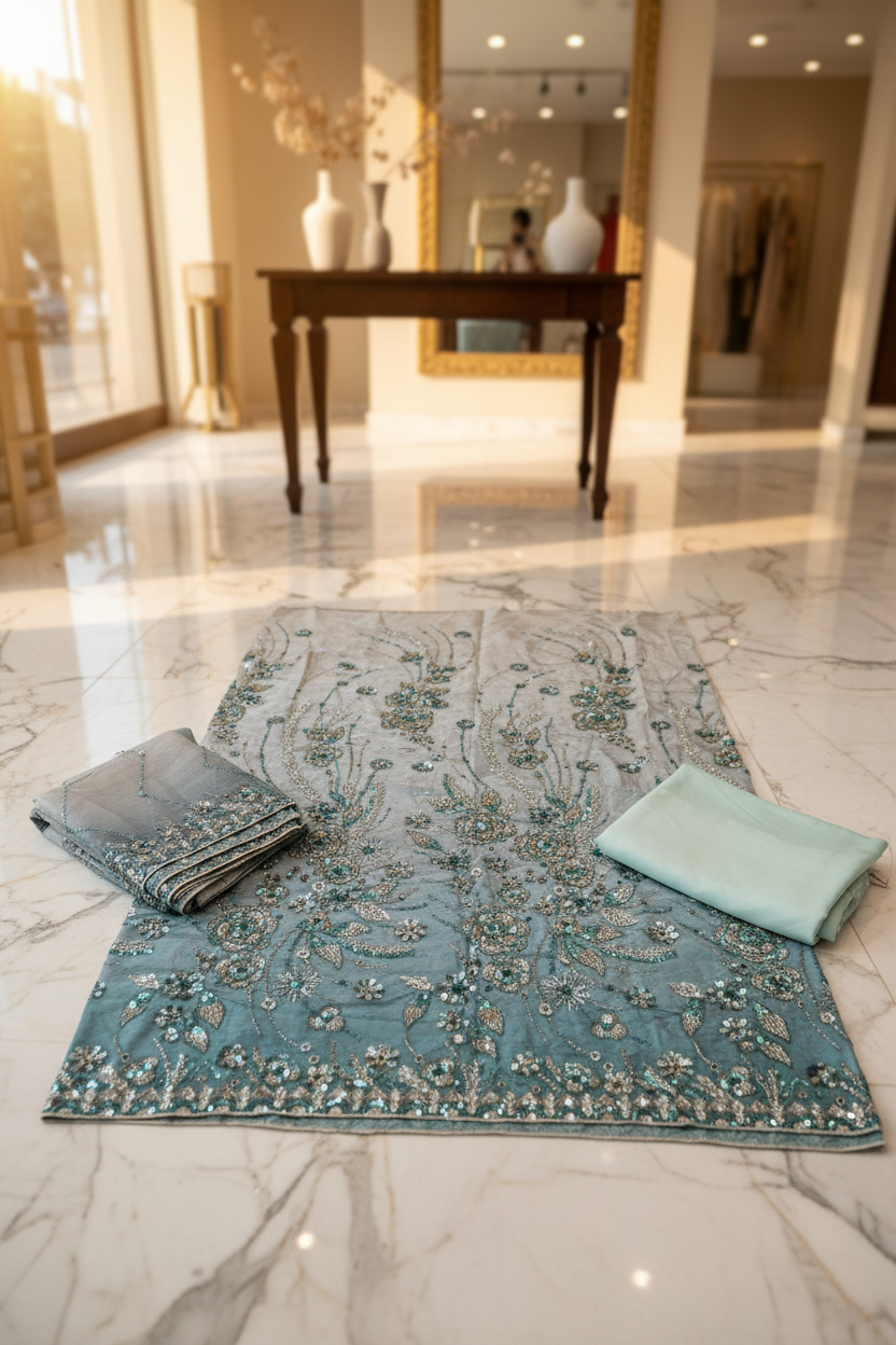 Luxury Shimmer Silk Unstitched Suit – Hand Embellished Pearls, Crystals & Stone Work | Pure Silk Dupatta | 7 Colours