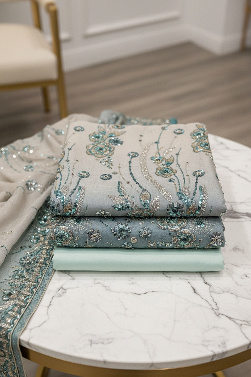 Luxury Shimmer Silk Unstitched Suit – Hand Embellished Pearls, Crystals & Stone Work | Pure Silk Dupatta | 7 Colours