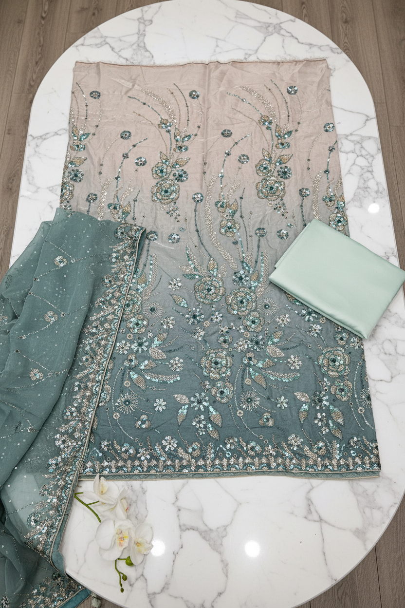 Luxury Shimmer Silk Unstitched Suit – Hand Embellished Pearls, Crystals & Stone Work | Pure Silk Dupatta | 7 Colours