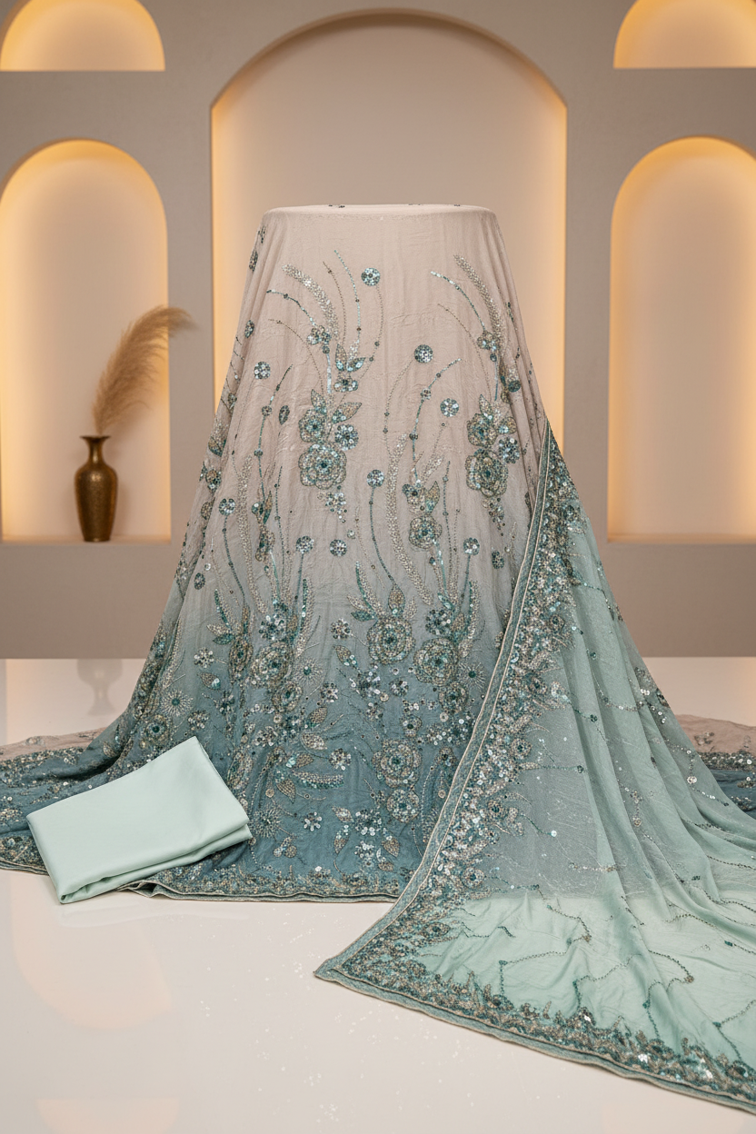Luxury Shimmer Silk Unstitched Suit – Hand Embellished Pearls, Crystals & Stone Work | Pure Silk Dupatta | 7 Colours