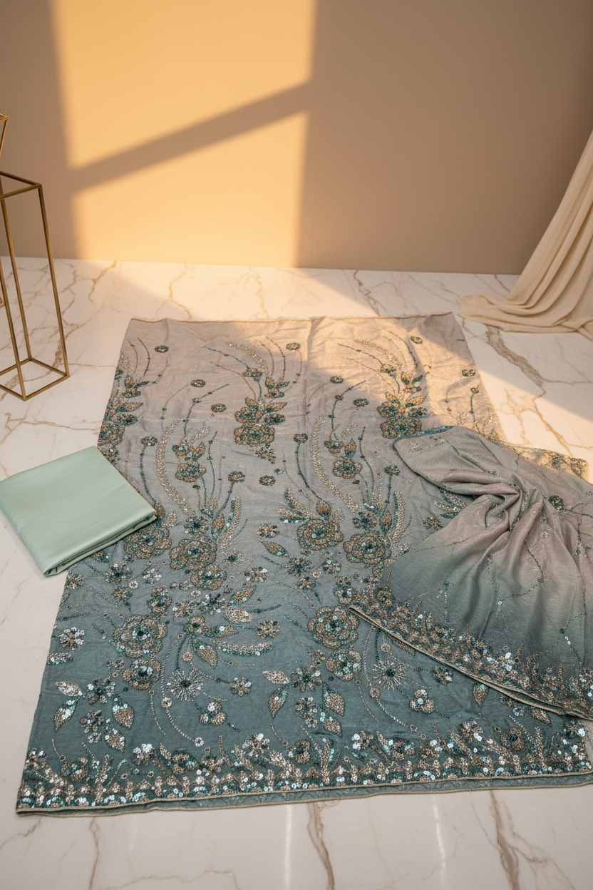 Luxury Shimmer Silk Unstitched Suit – Hand Embellished Pearls, Crystals & Stone Work | Pure Silk Dupatta | 7 Colours