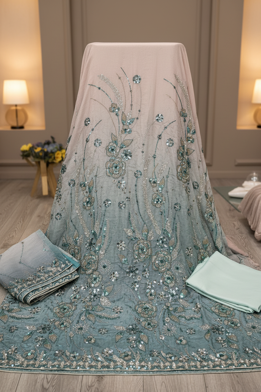 Luxury Shimmer Silk Unstitched Suit – Hand Embellished Pearls, Crystals & Stone Work | Pure Silk Dupatta | 7 Colours