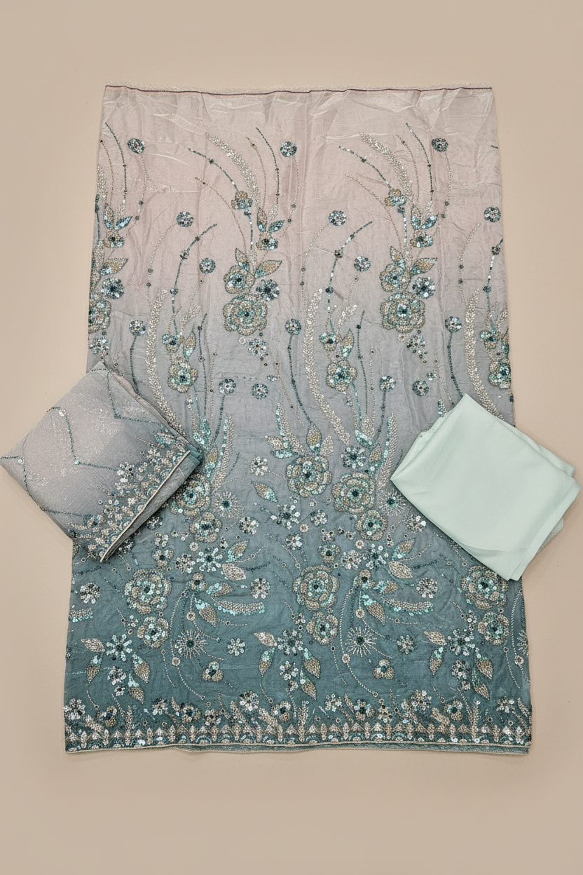 Luxury Shimmer Silk Unstitched Suit – Hand Embellished Pearls, Crystals & Stone Work | Pure Silk Dupatta | 7 Colours