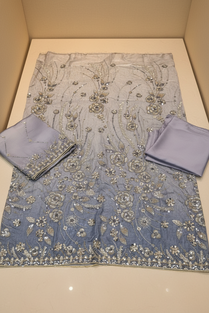 Luxury Shimmer Silk Unstitched Suit – Hand Embellished Pearls, Crystals & Stone Work | Pure Silk Dupatta | 7 Colours