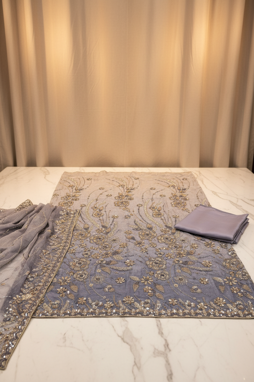 Luxury Shimmer Silk Unstitched Suit – Hand Embellished Pearls, Crystals & Stone Work | Pure Silk Dupatta | 7 Colours