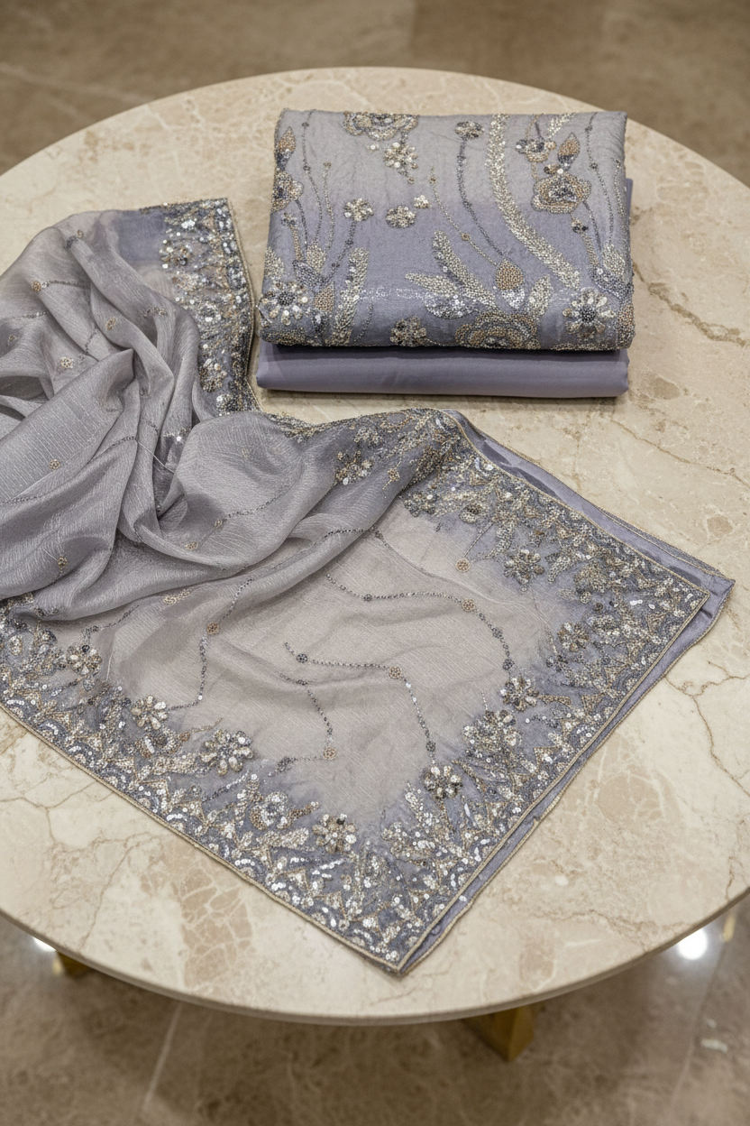 Luxury Shimmer Silk Unstitched Suit – Hand Embellished Pearls, Crystals & Stone Work | Pure Silk Dupatta | 7 Colours