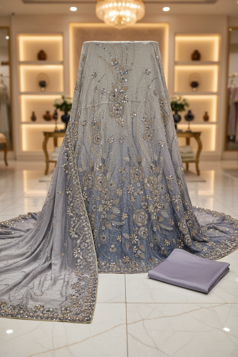 Luxury Shimmer Silk Unstitched Suit – Hand Embellished Pearls, Crystals & Stone Work | Pure Silk Dupatta | 7 Colours