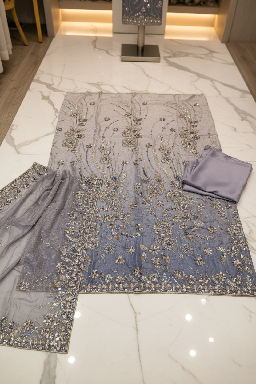 Luxury Shimmer Silk Unstitched Suit – Hand Embellished Pearls, Crystals & Stone Work | Pure Silk Dupatta | 7 Colours
