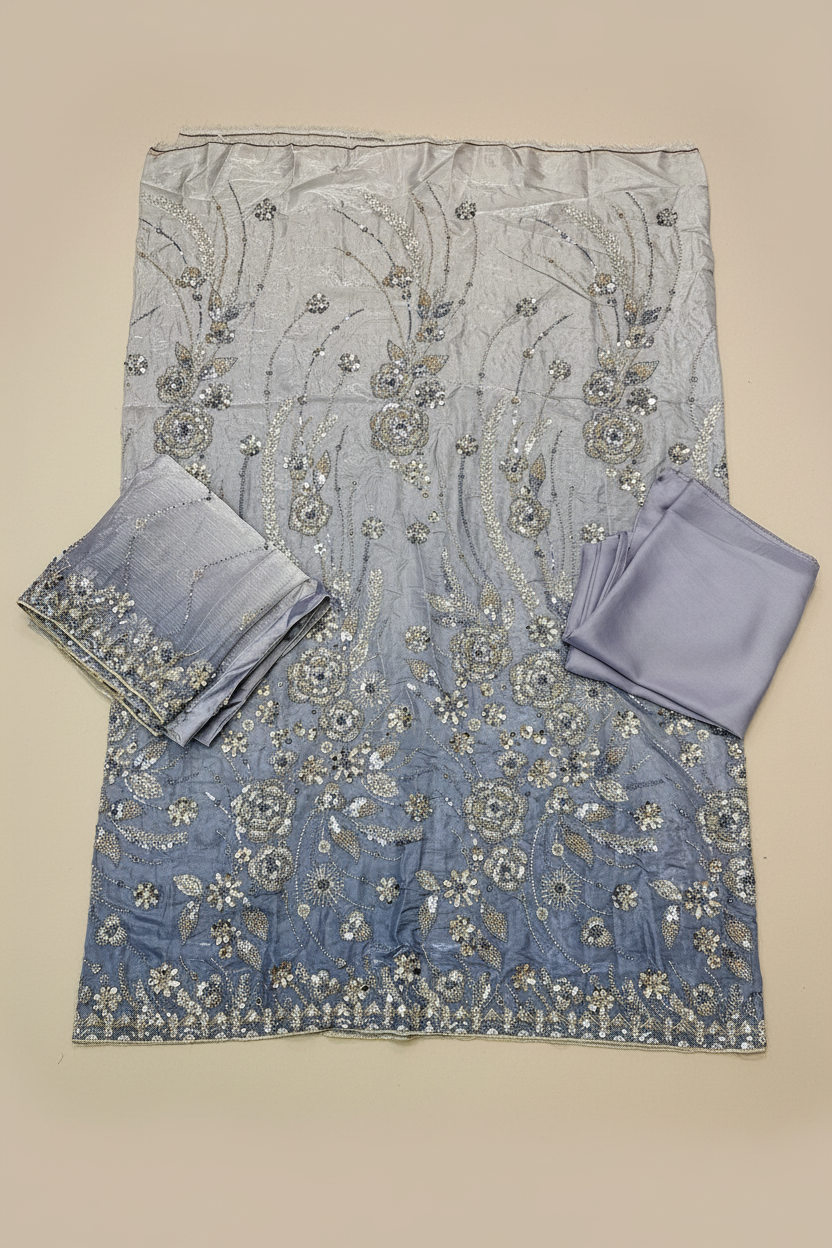 Luxury Shimmer Silk Unstitched Suit – Hand Embellished Pearls, Crystals & Stone Work | Pure Silk Dupatta | 7 Colours