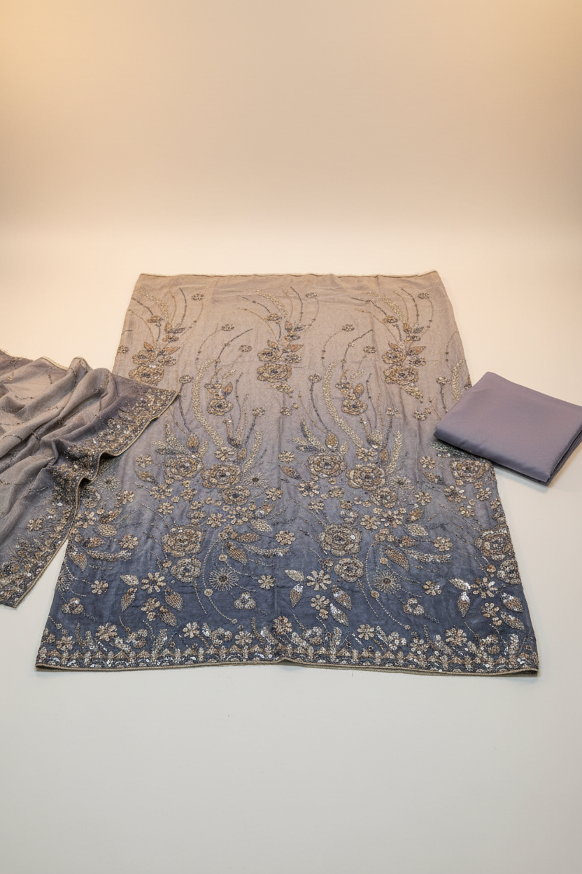 Luxury Shimmer Silk Unstitched Suit – Hand Embellished Pearls, Crystals & Stone Work | Pure Silk Dupatta | 7 Colours