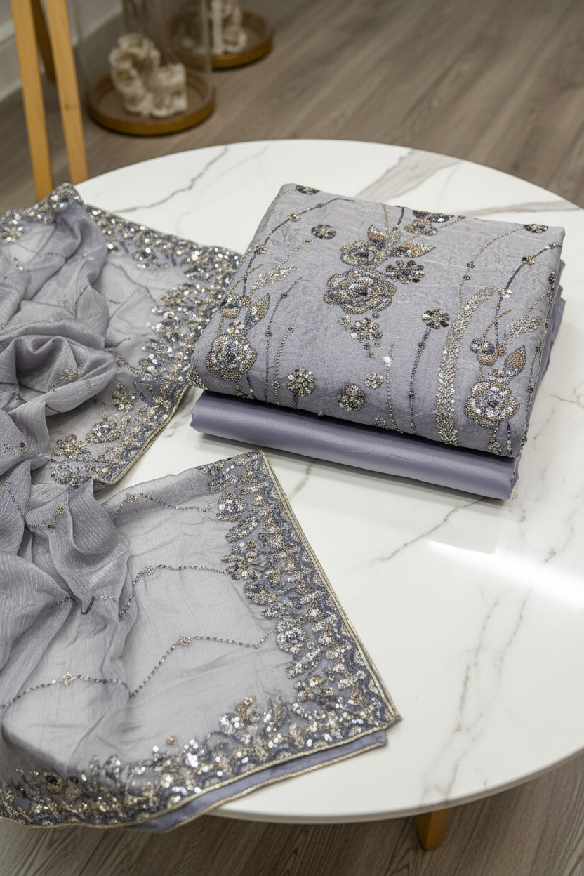 Luxury Shimmer Silk Unstitched Suit – Hand Embellished Pearls, Crystals & Stone Work | Pure Silk Dupatta | 7 Colours