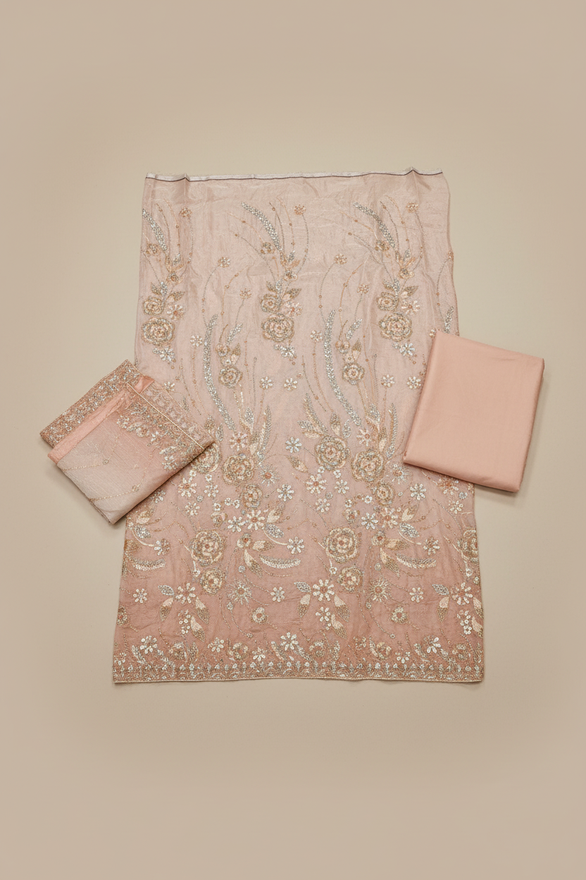 Luxury Shimmer Silk Unstitched Suit – Hand Embellished Pearls, Crystals & Stone Work | Pure Silk Dupatta | 7 Colours