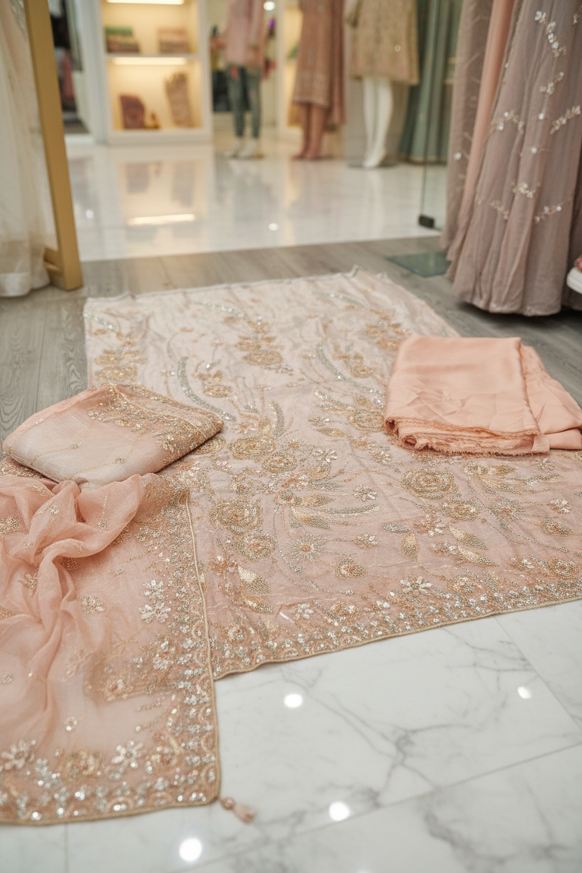 Luxury Shimmer Silk Unstitched Suit – Hand Embellished Pearls, Crystals & Stone Work | Pure Silk Dupatta | 7 Colours