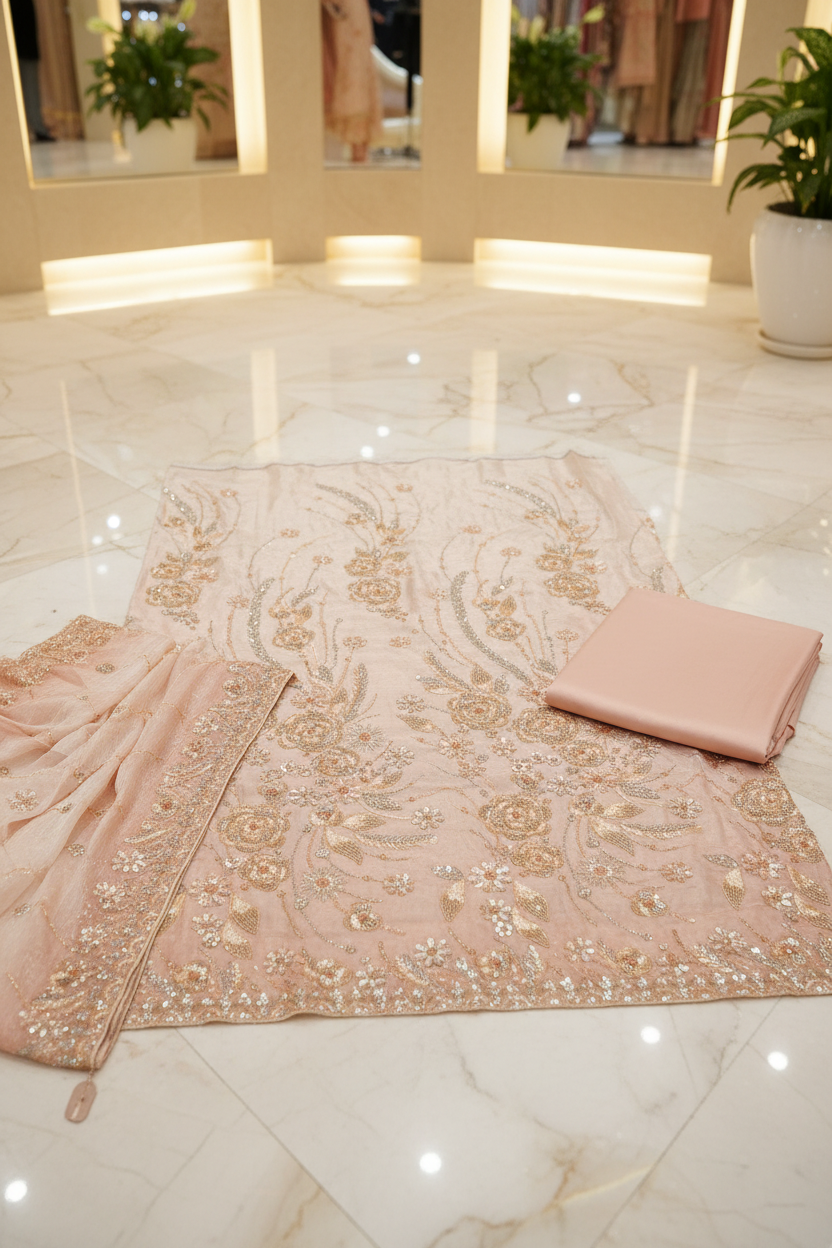 Luxury Shimmer Silk Unstitched Suit – Hand Embellished Pearls, Crystals & Stone Work | Pure Silk Dupatta | 7 Colours
