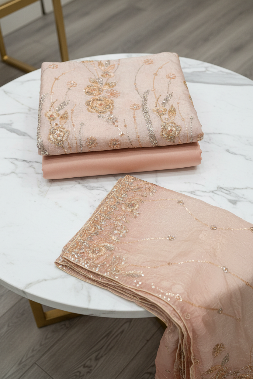 Luxury Shimmer Silk Unstitched Suit – Hand Embellished Pearls, Crystals & Stone Work | Pure Silk Dupatta | 7 Colours