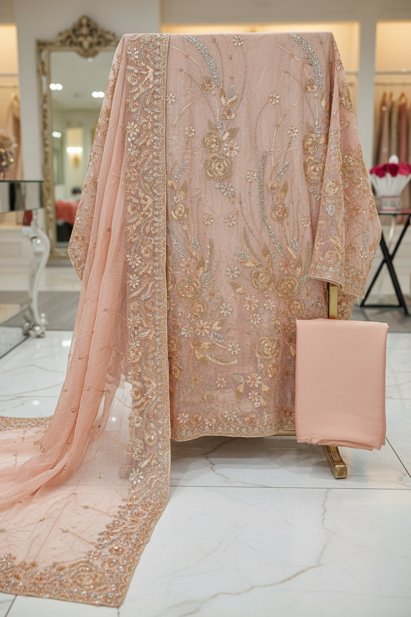 Luxury Shimmer Silk Unstitched Suit – Hand Embellished Pearls, Crystals & Stone Work | Pure Silk Dupatta | 7 Colours