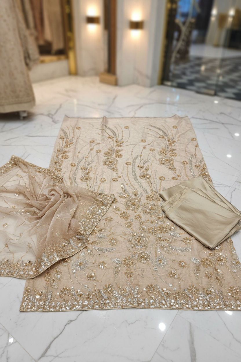 Luxury Shimmer Silk Unstitched Suit – Hand Embellished Pearls, Crystals & Stone Work | Pure Silk Dupatta | 7 Colours
