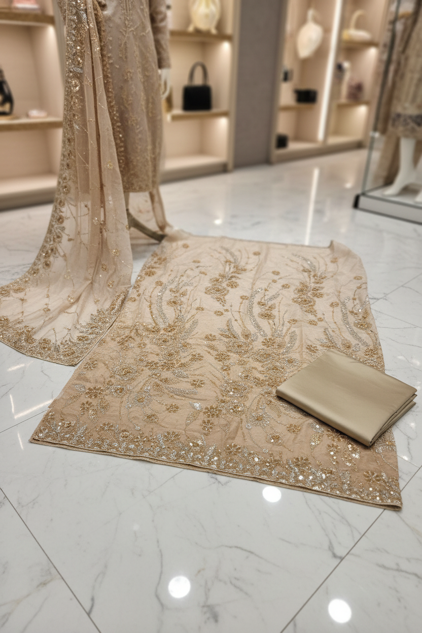 Luxury Shimmer Silk Unstitched Suit – Hand Embellished Pearls, Crystals & Stone Work | Pure Silk Dupatta | 7 Colours