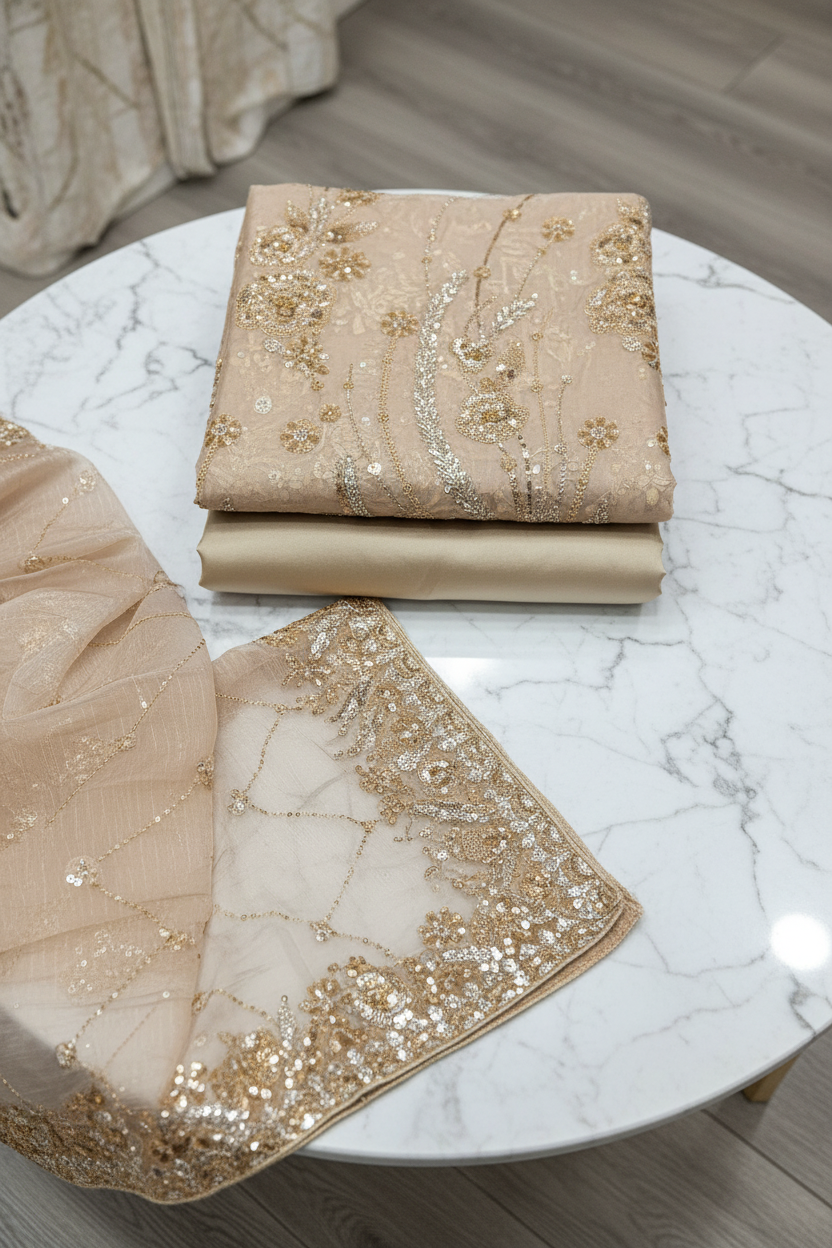 Luxury Shimmer Silk Unstitched Suit – Hand Embellished Pearls, Crystals & Stone Work | Pure Silk Dupatta | 7 Colours