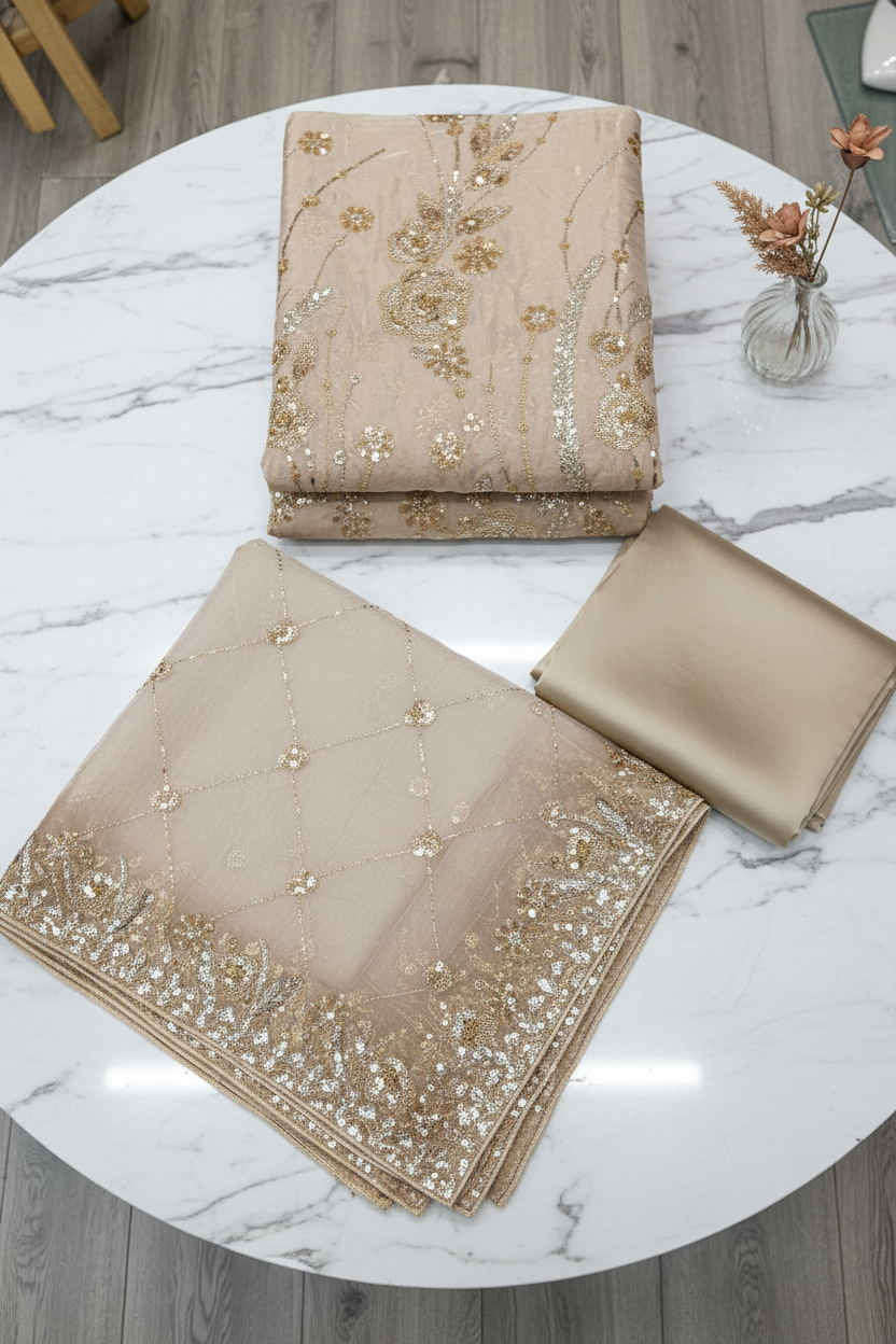 Luxury Shimmer Silk Unstitched Suit – Hand Embellished Pearls, Crystals & Stone Work | Pure Silk Dupatta | 7 Colours