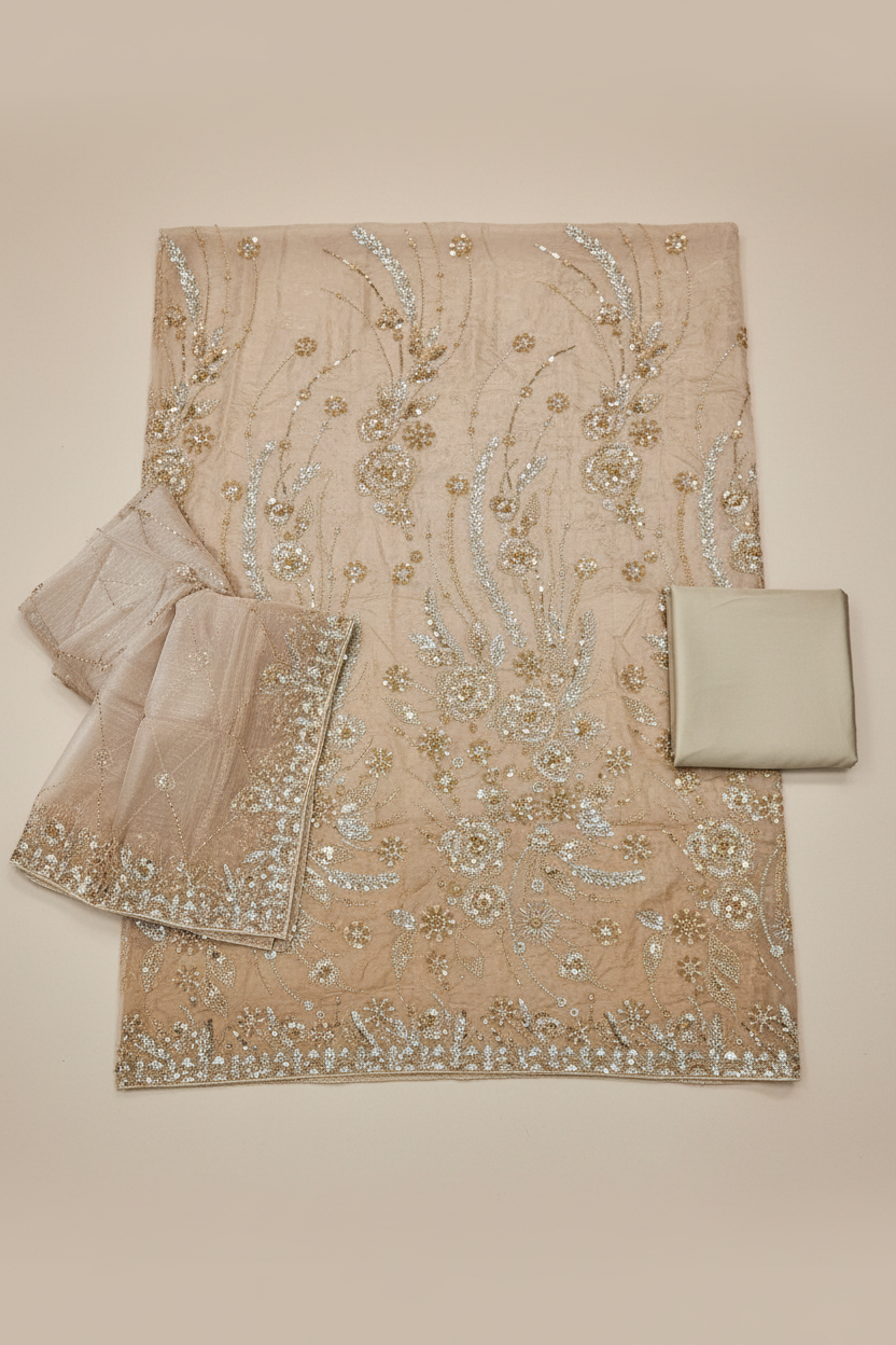 Luxury Shimmer Silk Unstitched Suit – Hand Embellished Pearls, Crystals & Stone Work | Pure Silk Dupatta | 7 Colours