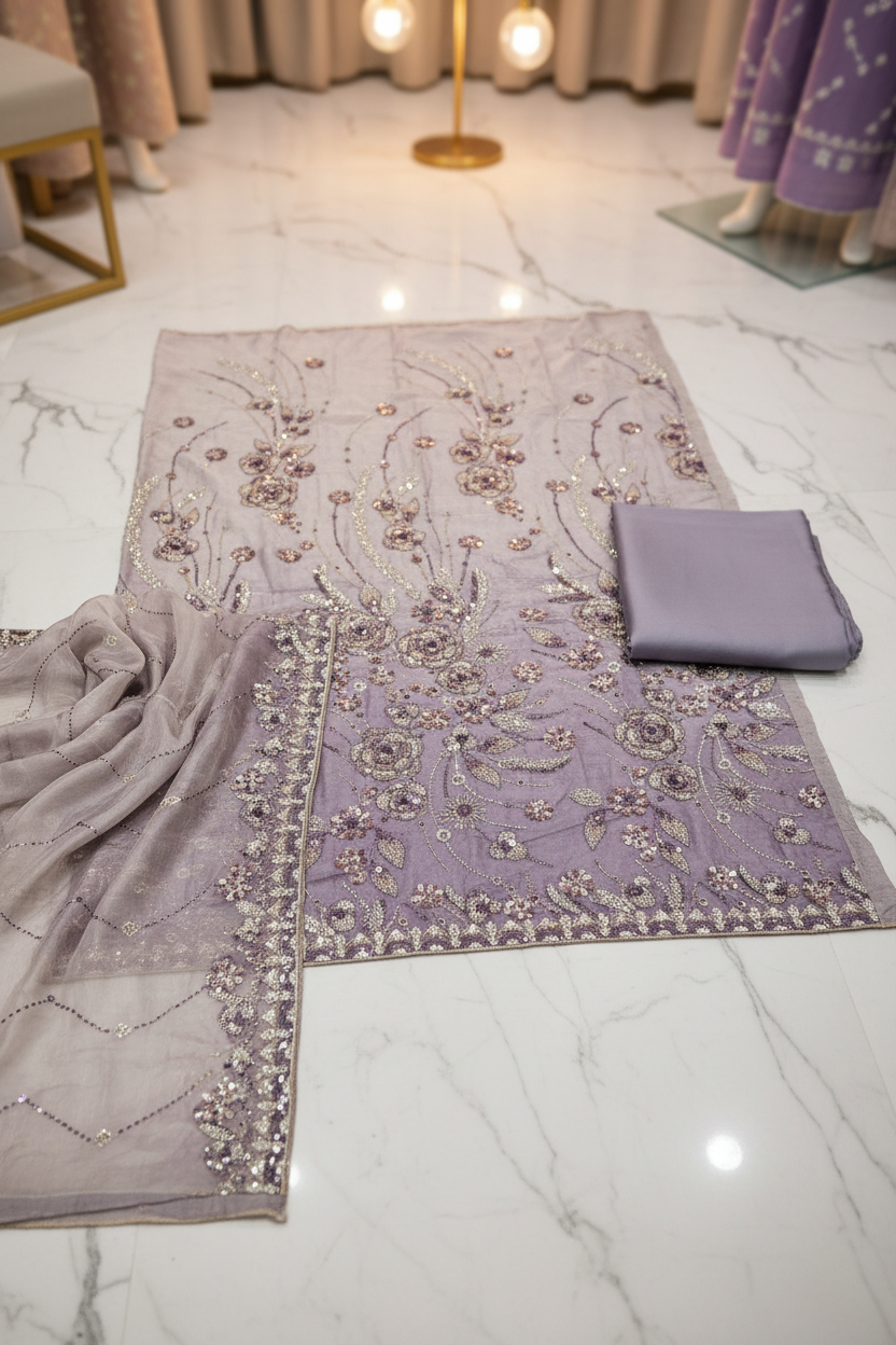 Luxury Shimmer Silk Unstitched Suit – Hand Embellished Pearls, Crystals & Stone Work | Pure Silk Dupatta | 7 Colours