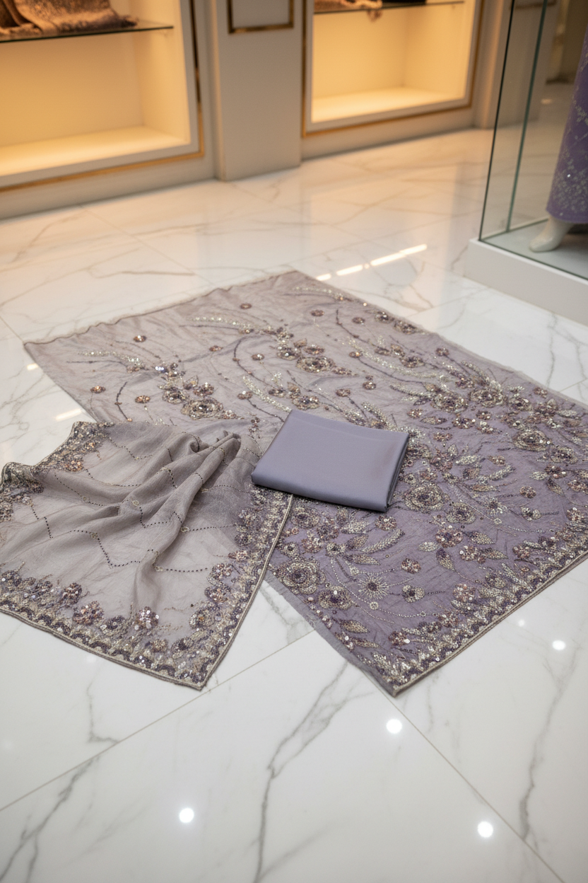 Luxury Shimmer Silk Unstitched Suit – Hand Embellished Pearls, Crystals & Stone Work | Pure Silk Dupatta | 7 Colours