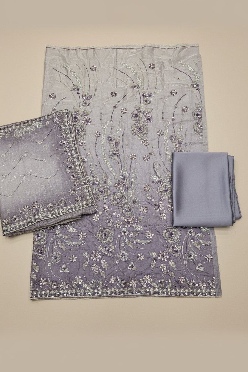 Luxury Shimmer Silk Unstitched Suit – Hand Embellished Pearls, Crystals & Stone Work | Pure Silk Dupatta | 7 Colours