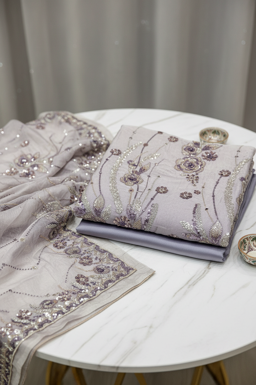Luxury Shimmer Silk Unstitched Suit – Hand Embellished Pearls, Crystals & Stone Work | Pure Silk Dupatta | 7 Colours