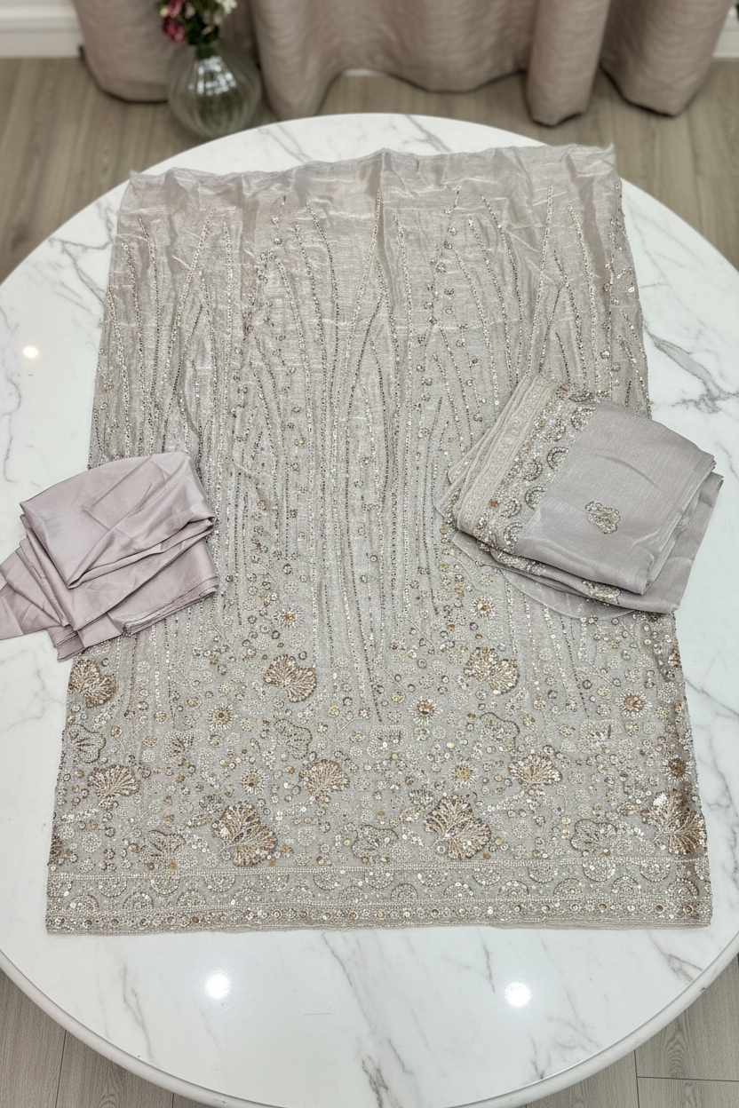 Heavy Embroidered Unstitched Pure Silk Suit for Women | Zari, Sequins, Pearl and Stone Work| 11 Colour Options