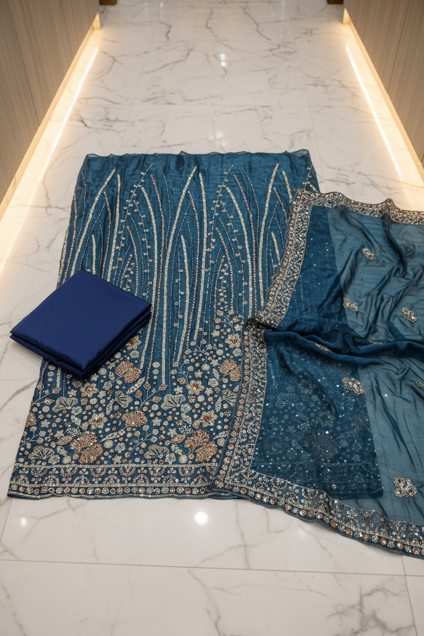 Heavy Embroidered Unstitched Pure Silk Suit for Women | Zari, Sequins, Pearl and Stone Work| 11 Colour Options