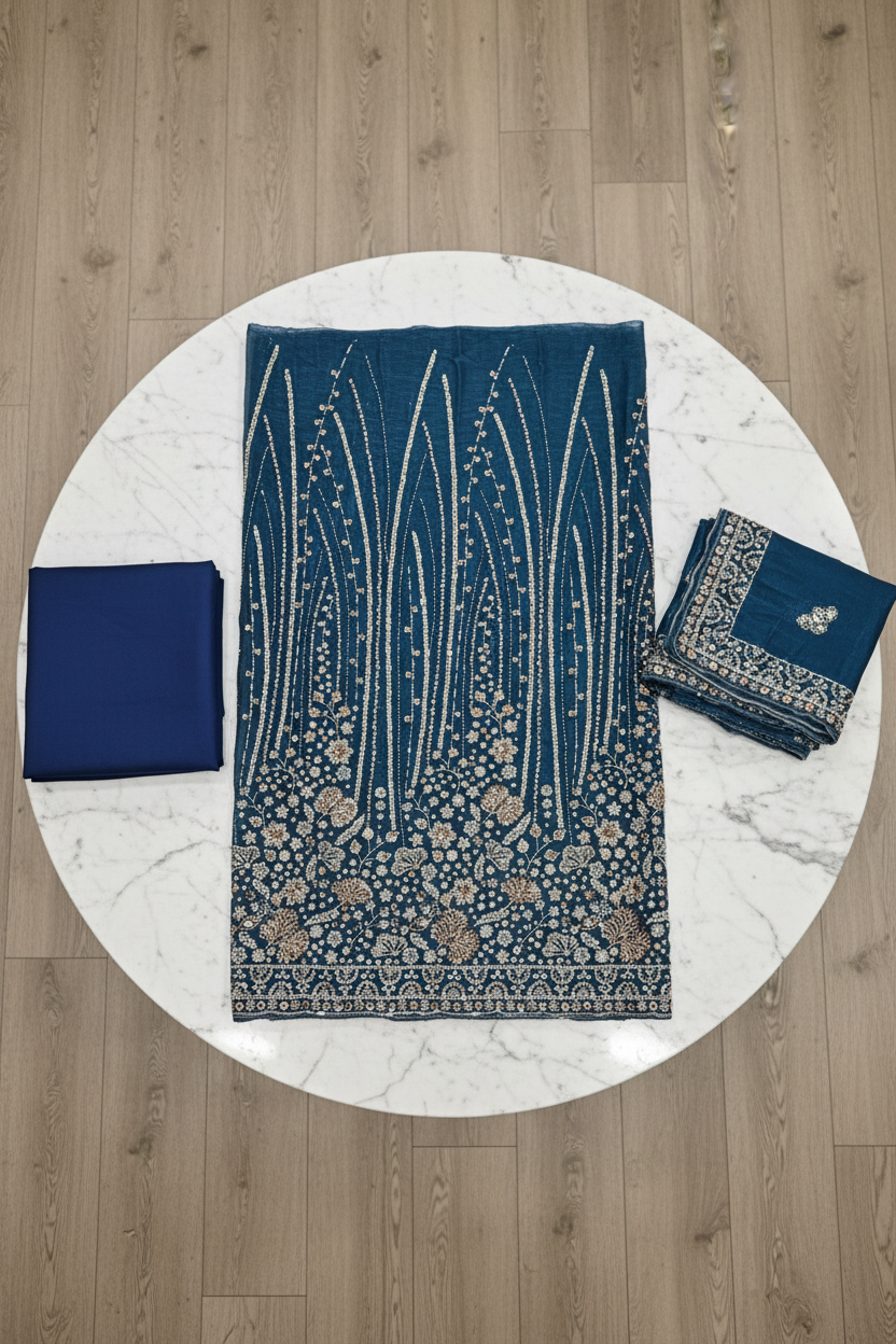 Heavy Embroidered Unstitched Pure Silk Suit for Women | Zari, Sequins, Pearl and Stone Work| 11 Colour Options