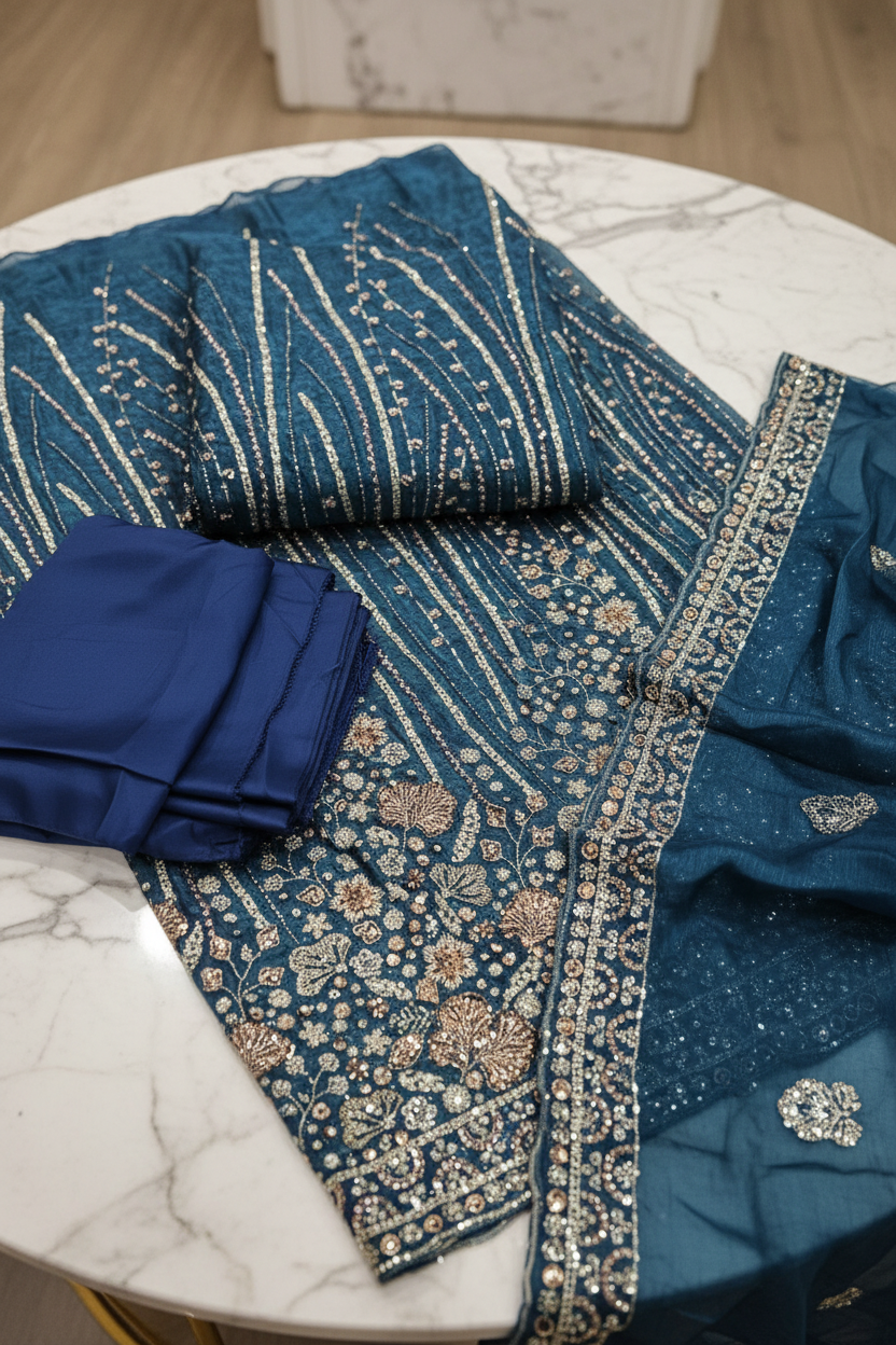 Heavy Embroidered Unstitched Pure Silk Suit for Women | Zari, Sequins, Pearl and Stone Work| 11 Colour Options