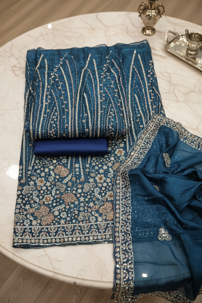 Heavy Embroidered Unstitched Pure Silk Suit for Women | Zari, Sequins, Pearl and Stone Work| 11 Colour Options